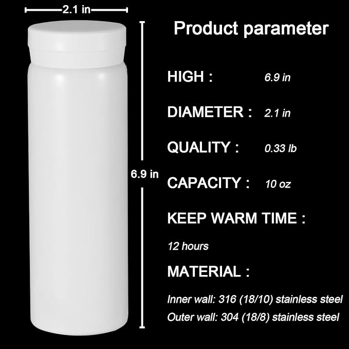 10oz Mini Water Bottle Stainless Steel Thermos Small Flask - Insulated Vacuum, Leak Proof, Keeps Drinks Hot/Cold - Ideal for Coffee, Tea, Water - White