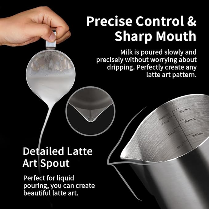 watchget Milk Frothing Pitcher 350ml/600ml/900ml/1500ml (12oz/20oz/32oz/52oz) - Stainless Steel Espresso Steaming Pitcher for Cappuccino, Latte Art, Milk Jug Coffee Frother Cup, Silver