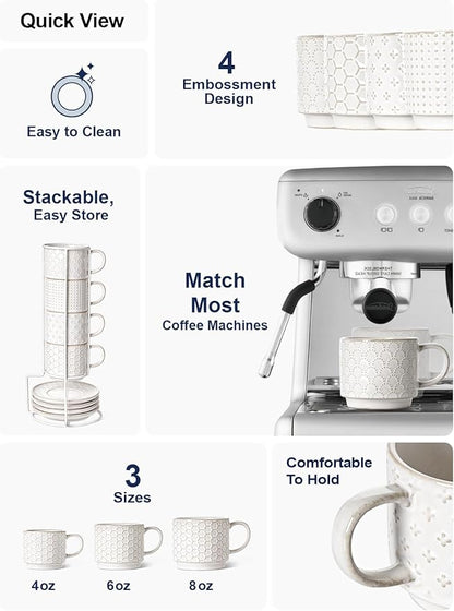 LE TAUCI Stackable Cappuccino Cups 8 oz with Saucers and Stand, Ceramic Large Latte Cup for Au Lait, Cafe, Mocha,Tea, Dishwasher Oven Safe - Set of 4, Arctic white