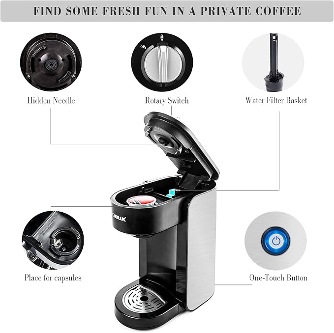 CHULUX Single Serve Coffee Maker, 1000 Watts Single Cup Stainless Steel Coffee Machine for Capsule and Ground Coffee with Graduated Water Tank, One Button Operation