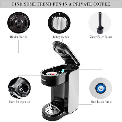 CHULUX Single Serve Coffee Maker, 1000 Watts Single Cup Stainless Steel Coffee Machine for Capsule and Ground Coffee with Graduated Water Tank, One Button Operation
