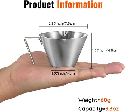 YARRAMATE 4 Pcs Stainless Steel Espresso Cups with Handle, Double Spout Metal Measuring Cup with Dual Scale, Espresso Shot cup with V-Shaped Mouth, 3.4OZ/100ML(Sliver)