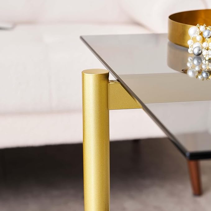 Glass End Table, Mid-Century Modern Design Sofa Table, for Living Room, L18 x W18 x H23 in, Clear Glass Top and Walnut MDF Shelf, Sleek Conical Metal Legs with Gold Finish Frame
