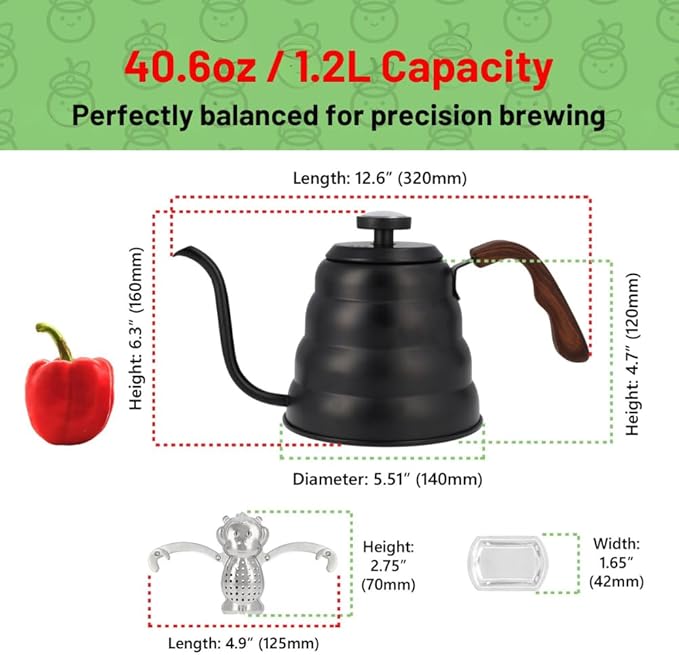 Japanese Gooseneck Kettle Stovetop with Thermometer and Insulated Handle (4-piece, 40.6 oz /1200ml), Stainless Steel Pour Over Tea Stovetop Kettle, Precision Pour Kettles Pot for Coffee & Tea (Black)