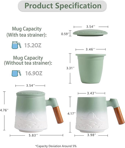 ZENS Tea Mug with Infuser and Lid for Loose Leaf Steeper, 16.9 oz Embossed Ceramic Tea Cup with Fine Tea Strainers, Wood Handle Large Tea Diffusers Mugs for Tea Lovers Gifts
