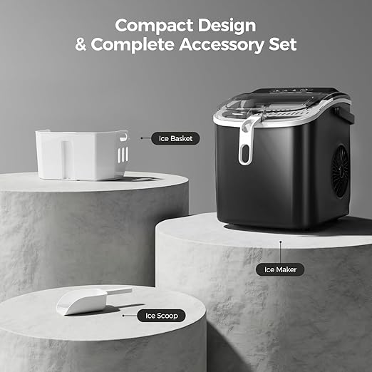 Crzoe Countertop Ice Maker Machine with Handle,26Lbs/24H,9 Cubes Ready in 6 Mins,Self-Cleaning Function with Ice Scoop and Basket for Home/Office(Deeply Black)
