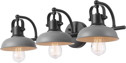 Globe Electric 52065 Gladstone 5-Piece All-In-One Bathroom Set, Matte Black, 3-Light Vanity Light with Matte Gray Metal Shades, Towel Bar, Towel Ring, Robe Hook, Toilet Paper Holder