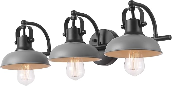 Globe Electric 52065 Gladstone 5-Piece All-In-One Bathroom Set, Matte Black, 3-Light Vanity Light with Matte Gray Metal Shades, Towel Bar, Towel Ring, Robe Hook, Toilet Paper Holder