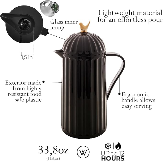 WOLFF - Bird Thermal Coffee Carafe - Hot or Cold Drinks, Plastic Exterior and Glass Insulation Lining Flask Coffee Dispenser, Thermal Bottle for Beverages, Tea and Water Pitcher- Black, 34floz/1L