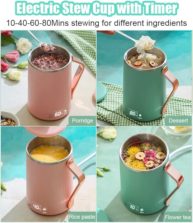 WOOLALA 110V Electric Kettle Stew Cup with Digital Screen, 450ML Small Slow Cooker Personal Health Cup - 7Mins Fast Boiling with Temperature Control, Timer for Home/Office/Travel