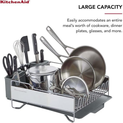 KitchenAid Large Capacity Full Size Rust Resistant Dish Rack with Angled Drain Board and Removable Flatware Caddy, Light Grey