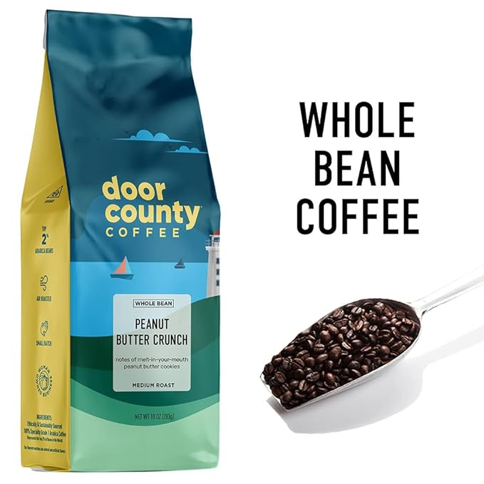 Door County Coffee Peanut Butter Crunch Flavored Whole Bean - 10 oz Bag - Medium Roast - 100% Specialty Arabica - Flavored Gourmet - Peanut Butter Crunch
