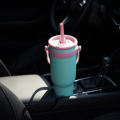 30 oz Tumbler with Side Handle, Insulated Water Bottle with Straw and 2 in 1 Lid, Stainless Steel Cup Travel Coffee Mug for Sports Office Gym,Fuchsia