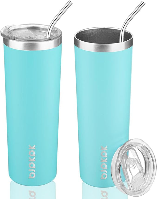 BJPKPK 2 Pack 20oz Skinny Tumblers with Lid Insulated Travel Coffee Cup Stainless Steel Thermal Mug,Turquoise,Turquoise