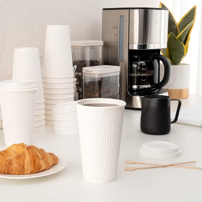 Restaurantware 16 Ounce Ripple Wall Disposable Coffee Cups, 500 Insulated White Paper Tumblers with Rolled Rim Design, Lids Sold Separately for Hot Drinks like Tea, Hot Chocolate and More
