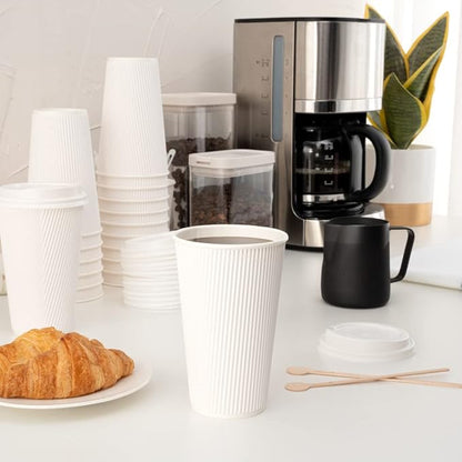 Restaurantware 16 Ounce Ripple Wall Disposable Coffee Cups, 500 Insulated White Paper Tumblers with Rolled Rim Design, Lids Sold Separately for Hot Drinks like Tea, Hot Chocolate and More