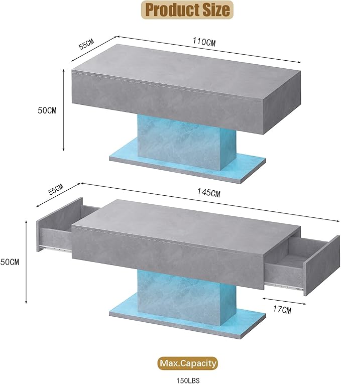 Grey Led Coffee Table with 2 Storage Drawers for Living Room, Living Room Table Rectangular Center Table, Modern High Glossy Wooden Coffee Tables with Lights for Dining Reception Room