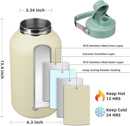 BJPKPK 1 Gallon Water Bottle Insulated, Dishwasher Safe 128oz Large Water Jug with Metal Handle & BPA Free Spout Lid, Stainless Steel Metal Thermo for Gym, Sports & Hiking, Chartreuse