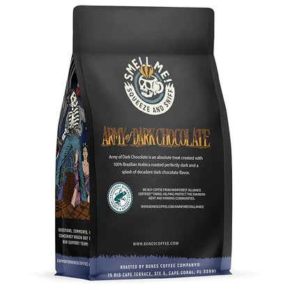 Bones Coffee Company Army of the Dark Chocolate Flavored Coffee, Medium Roast Low Acid Arabica Beans Compatible with Auto drip and French Press Coffee Maker, 12 Oz Whole Bean