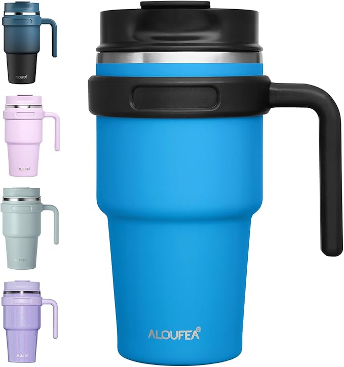 ALOUFEA 20 oz Insulated Coffee Mug Tumbler with Handle, Stainless Steel Travel Mug Tumbler with Lid and Straw,Double Wall Vacuum Leak Proof Ice Coffee Thermal Cup, Sky Blue