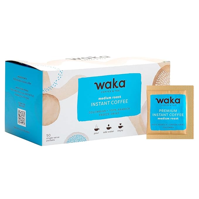 Waka Instant Coffee, Medium Roast - 100% Arabica Colombian Beans, Freeze Dried Granules, No Additives - Single Serve Packets for Quick Hot and Iced Coffees (50 Individual Coffee Packets)