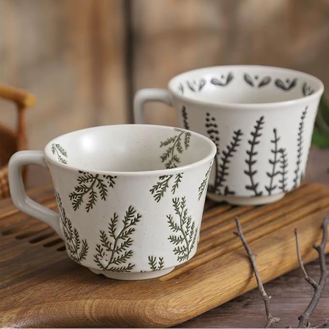 Ceramic Mug Set of 4, 11oz - Vintage Mug Cups for Coffee Milk Latte Cappuccino Tea, Porcelain Coffee Cups Set Christmas Gifts, Farmhouse Handmade Stoneware Cups Dishwasher Microwave Safe