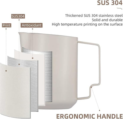 MHW-3BOMBER Milk Frothing Pitcher 12oz/350ml Milk Frother Cup Espresso Steaming Pitcher Stainless Steel Milk Frother Cup Barista Latte Art Round Spout Milk Jug White P6013W-OS