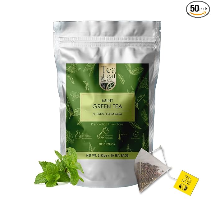 Mint Green Tea Bags (50 Count), Green Tea with Peppermint & Spearmint, Caffeinated, Real and Natural Green Tea, Blended with Fresh Herbs and Spices, Gluten Free