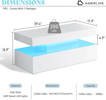 AMERLIFE High Gloss LED Coffee Table, Modern 2-Tier Center Table with LED Lights, Open Storage Space, 40in Simple Rectangular Sofa Side Table for Living Room, White