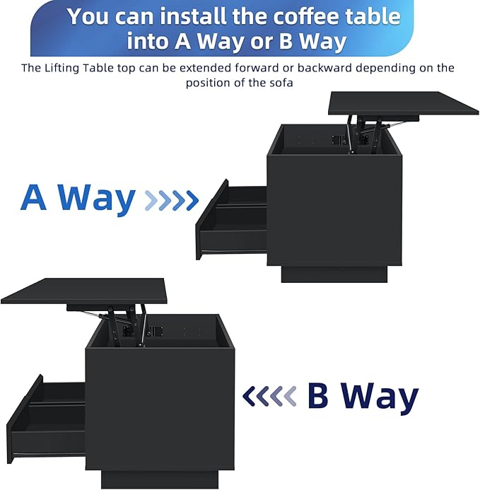 LED Coffee Table with Lift Top Morden Coffee Table with Storage High Gloss Black Sofa Table for Living Room Center Tables Hidden Compartment & 2 Drawers & 2 Open Shelve