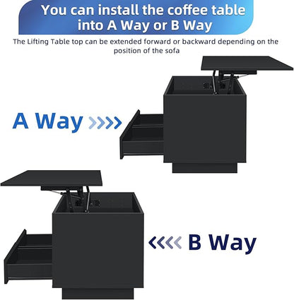 LED Coffee Table with Lift Top Morden Coffee Table with Storage High Gloss Black Sofa Table for Living Room Center Tables Hidden Compartment & 2 Drawers & 2 Open Shelve