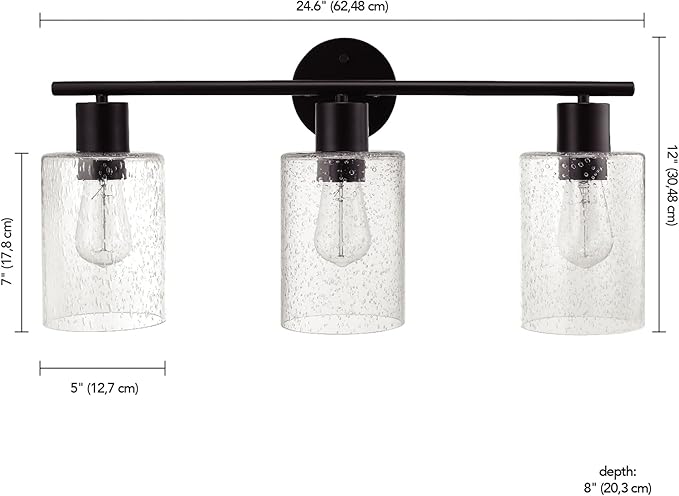 Globe Electric 51851 Bristol 5-Piece All-in-One Bathroom Set, Matte Black, 3-Light Vanity Light with Seeded Glass Shades, Towel Bar, Towel Ring, Robe Hook, Toilet Paper Holder