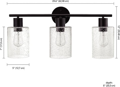 Globe Electric 51851 Bristol 5-Piece All-in-One Bathroom Set, Matte Black, 3-Light Vanity Light with Seeded Glass Shades, Towel Bar, Towel Ring, Robe Hook, Toilet Paper Holder