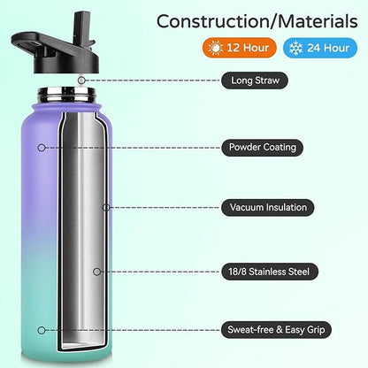 DOMICARE 40 oz Insulated Water Bottle, Vacuum Insulated Stainless Steel Sports Water Bottle with Straw Lid & Spout Lid, Leakproof, Reusable - Travel, Camping, Bike, Purple Green Gradient