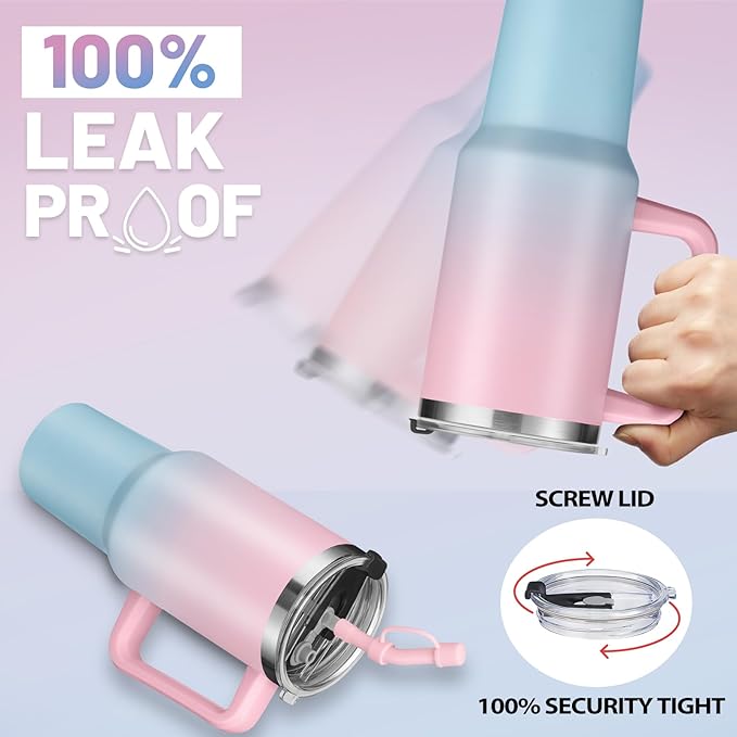 Insulated Tumbler with Handle Straw and Spout - 2-in-1 Lid, 40 oz Water Bottle Keep Cold-34H & Hot-10H, Leakproof, Dishwasher Safe, Stainless Steel Travel Coffee Mug Fits in Car Cup Holder