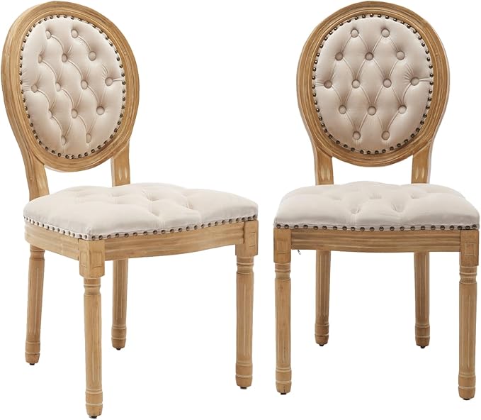 French Country Dining Chairs Set of 2, Vintage Wooden Dining Chairs with Fabric Upholstered Tufted Seat,Solid Wood Legs&Frame, Farmhouse Kitchen&Living Room Chairs(Beige,2 Pcs)