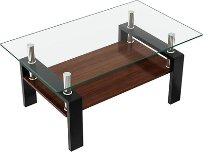 Tempered Glass Coffee Table Rectangle Living Room Center Table, with 39" Clear Top and Brown MDF Layer Black Metal Leg, for Small Space Apartment, Transparent+Brown