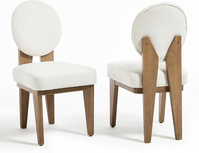 Mid-Century Modern Walnut Dining Chairs Set of 4, Vintage White Wooden Kitchen Chairs, Retro Upholstered Linen Cushioned Seat with Curved Backrest, Armless Accent Side Chair for Bedroom