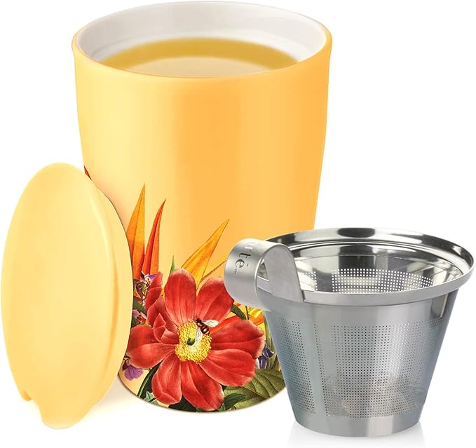 Tea Forte Paradis Double-Walled Ceramic Kati Cup with Removable Stainless Steel Infuser Basket and Lid, Steeps 12 oz Loose Leaf Tea, Lid and Cup Dishwasher & Microwave Safe