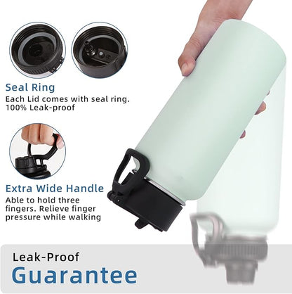 Volhoply 32 oz Insulated Water Bottles Bulk 2 Pack with Straw Lid & Spout Lid,Stainless Steel Sports Water Bottle,Double Wall Vacuum Cups,Leakproof Wide Mouth Metal Flask for Hiking,Camping(Fog,2)