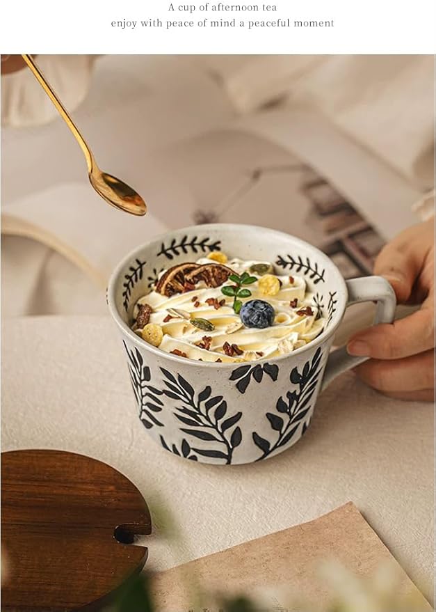 Ceramic Mug 1pcs, 11oz - Vintage Coffee Mug, Pottery Cups for Milk, Latte, Cappuccino, Tea - Porcelain Dishwasher, Microwave Safe Stoneware 1 PCS Olive Black Leave Set of 1