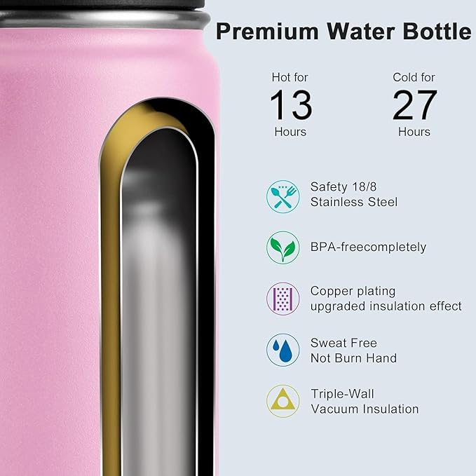 koodee 16 oz Water Bottle-Stainless Steel Double Wall Vacuum Insulated Wide Mouth Water Bottle with Leakproof Spout Lid (Pink)