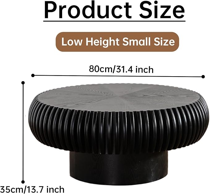 Round Coffee Table 31.4" Modern Black Fluted Coffee Table Low Round Drum Pedestal Coffee Tables for Living Room Farmhouse (Black 31.4in)