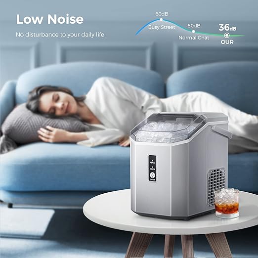 AGLUCKY Nugget Ice Maker Countertop, Portable Crushed Ice Maker Machine with Handle, 35lbs/24H, One-Click Operation, Self Cleaning Ice Machine for Home/Kitchen/Office(Grey)