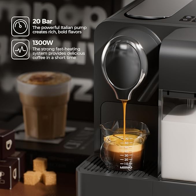 Espresso Machine with Integrated Automatic Milk Frother - Single-Serve Coffee Maker Capsule Compatible, One Touch Latte & Cappuccino, Single or Double Shot Espresso Maker