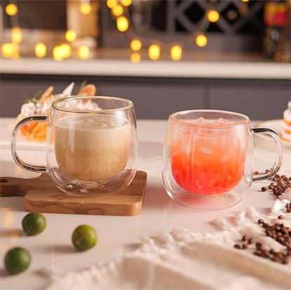 CNGLASS 10oz Double Walled Glass Coffee Mugs(2-pack),Clear Coffee Cups with Handle,Glass Espresso Mugs for Latte,Cappuccino,Tea