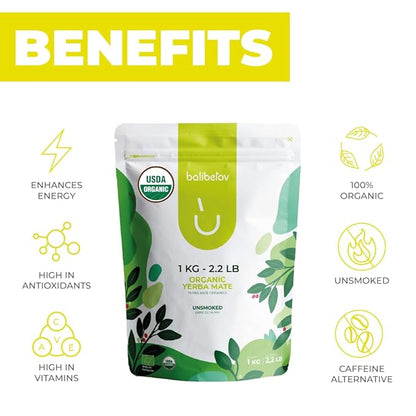 BALIBETOV Organic Yerba Mate, 2.2 lb Loose Leaf – Unsmoked Pure Leaf, Clean Natural Energy, Gluten-Free & Vegan