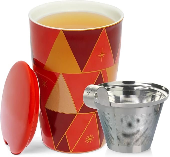 Tea Forte Warming Joy Double-Walled Ceramic Kati Cup with Removable Stainless Steel Infuser Basket and Lid, Steeps 12 oz Loose Leaf Tea, Lid and Cup Dishwasher & Microwave Safe