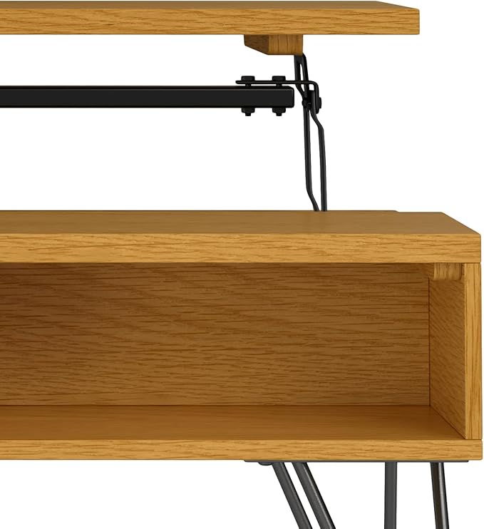 SIMPLIHOME Hunter Small Lift Top Coffee Table - 36 inch Wide Solid Oak Veneer and Metal Industrial Cocktail Table in Oak, Living Room Table with Hidden Storage, 2 Cubbies, and Hairpin Legs