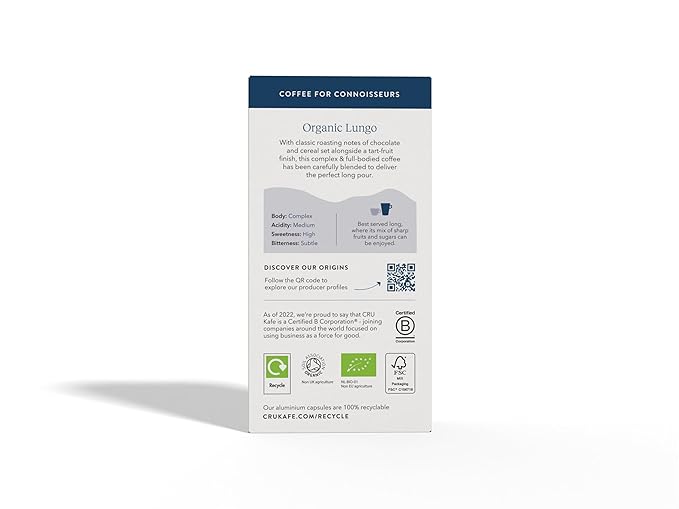 Cru Kafe Lungo Espresso Strong USDA Organic Espresso Coffee Capsules (10 Pods) Fairtrade Coffee Pods Compatible with Nespresso Original Line and Pixie Machines